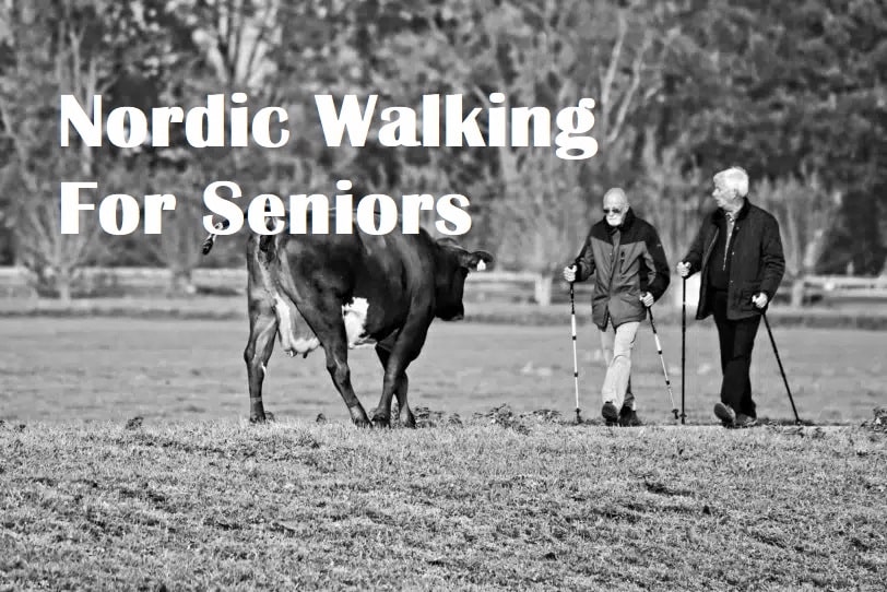 Seniors pole walking in countryside with the title Nordic walking for seniors